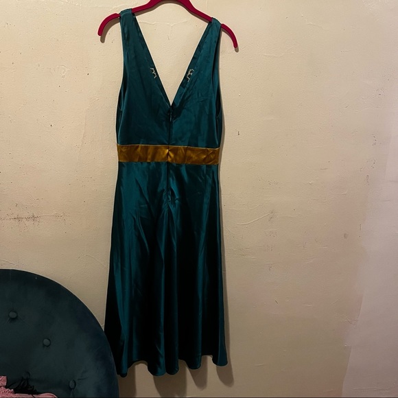 Miguelina Blue Teal Gold Silk A-Line Dress L - Picture 3 of 5